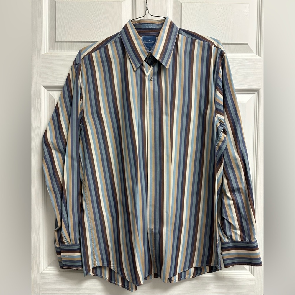 Faconnable Blue, Brown & Cream Vertical Stripe Dress Shirt